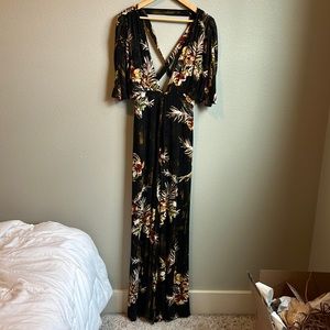 Freepeople floral pantsuit w sleeves & crisscross open back,black w floral print